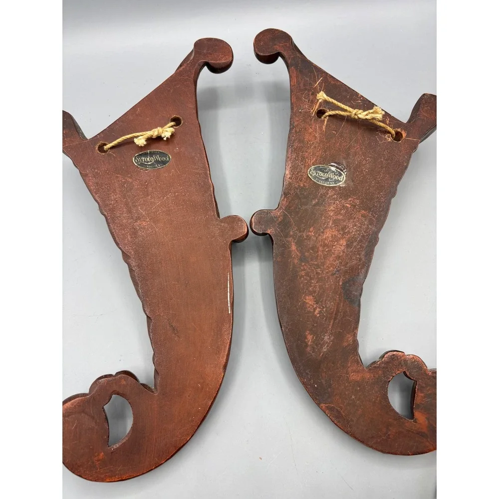 Vintage Syroco Wood Cornucopia‎ Wall Pockets Pair Brown Resin Decor